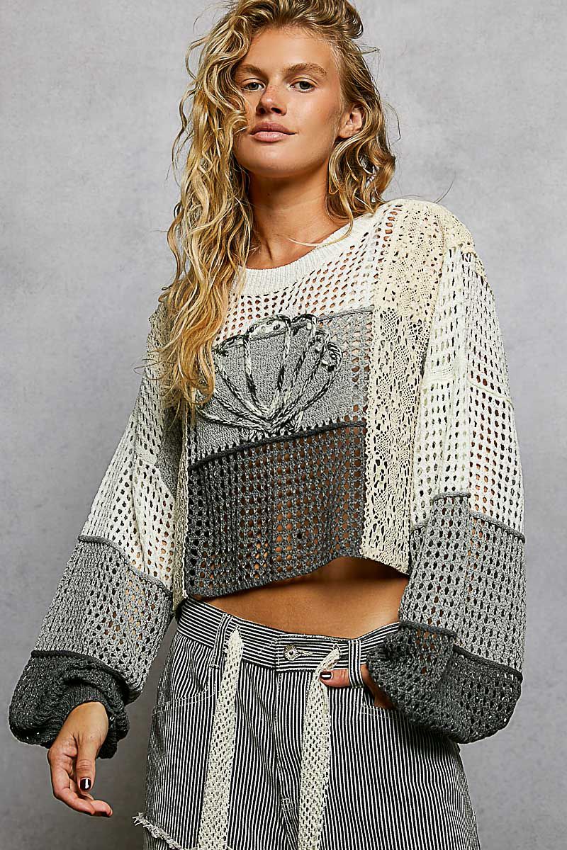 Cropped sweater top with balloon sleeves