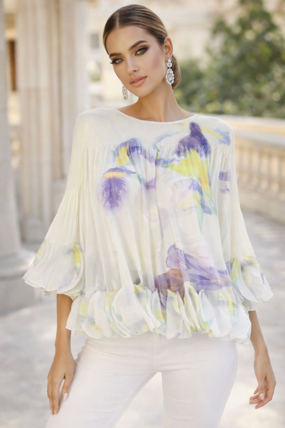 Print Floral Pleated Top LILA