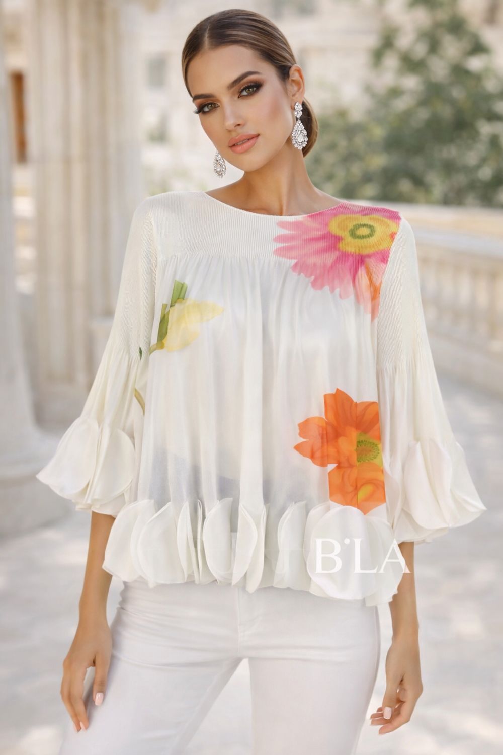 Print Floral Pleated Top