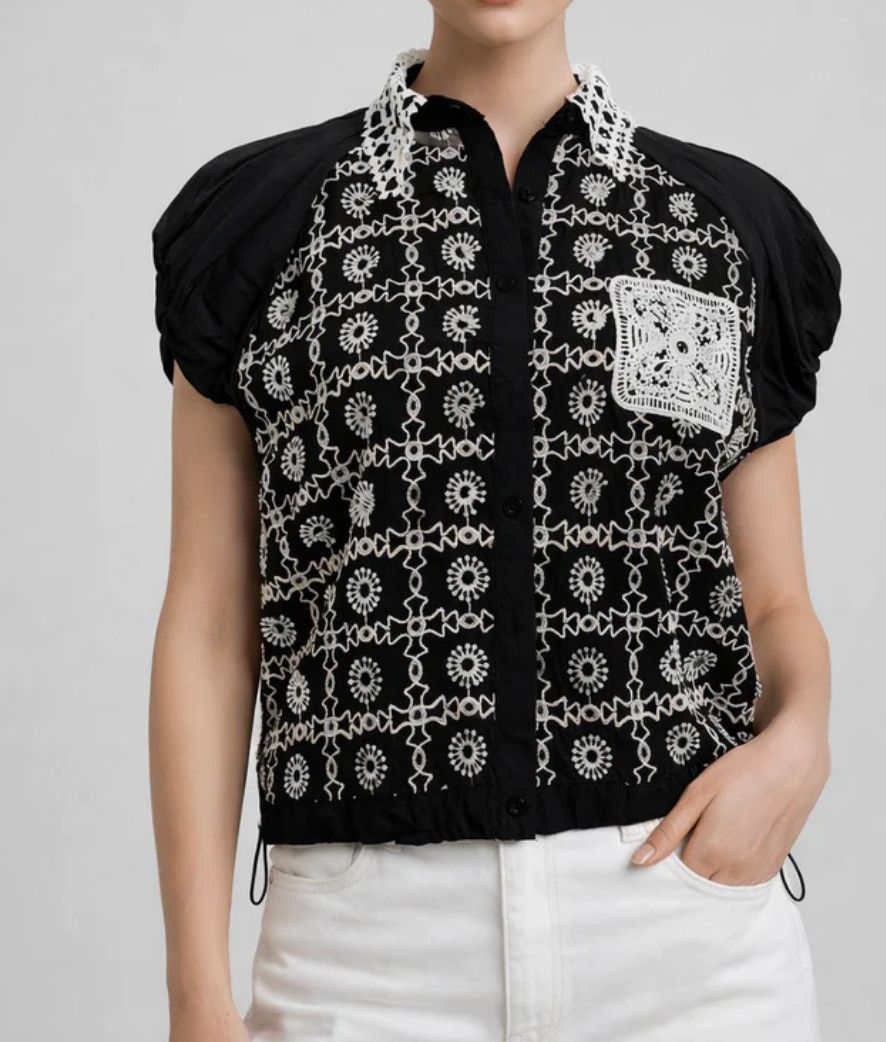EMBROIDERED EYELET DRAWSTRING TOP