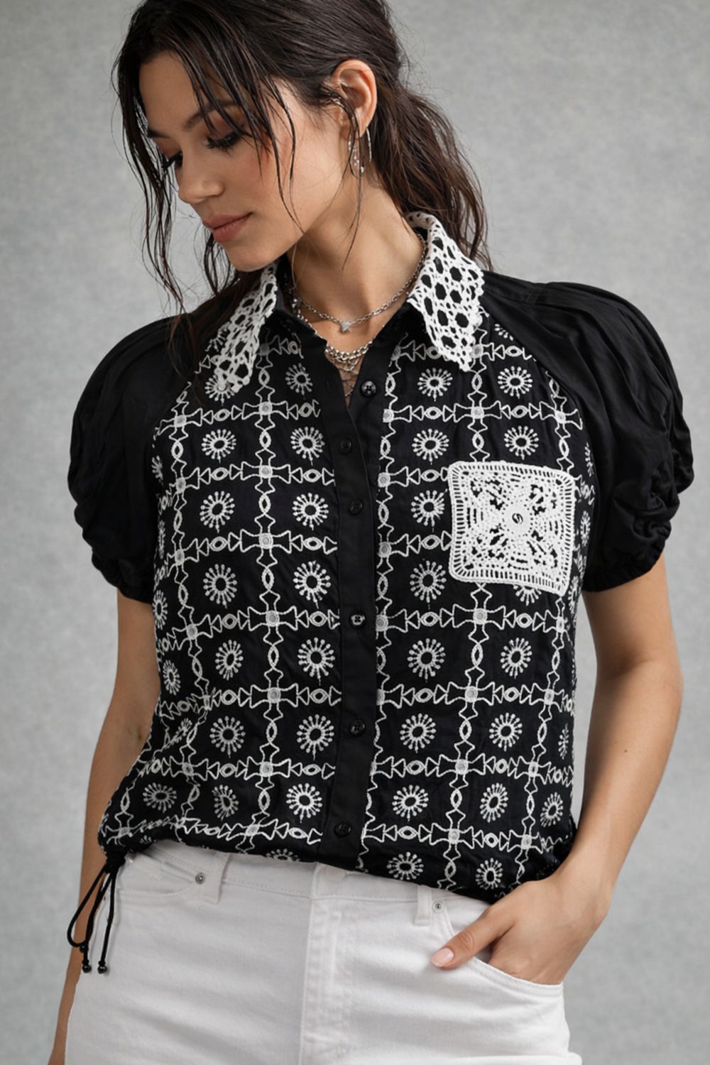 EMBROIDERED EYELET DRAWSTRING TOP