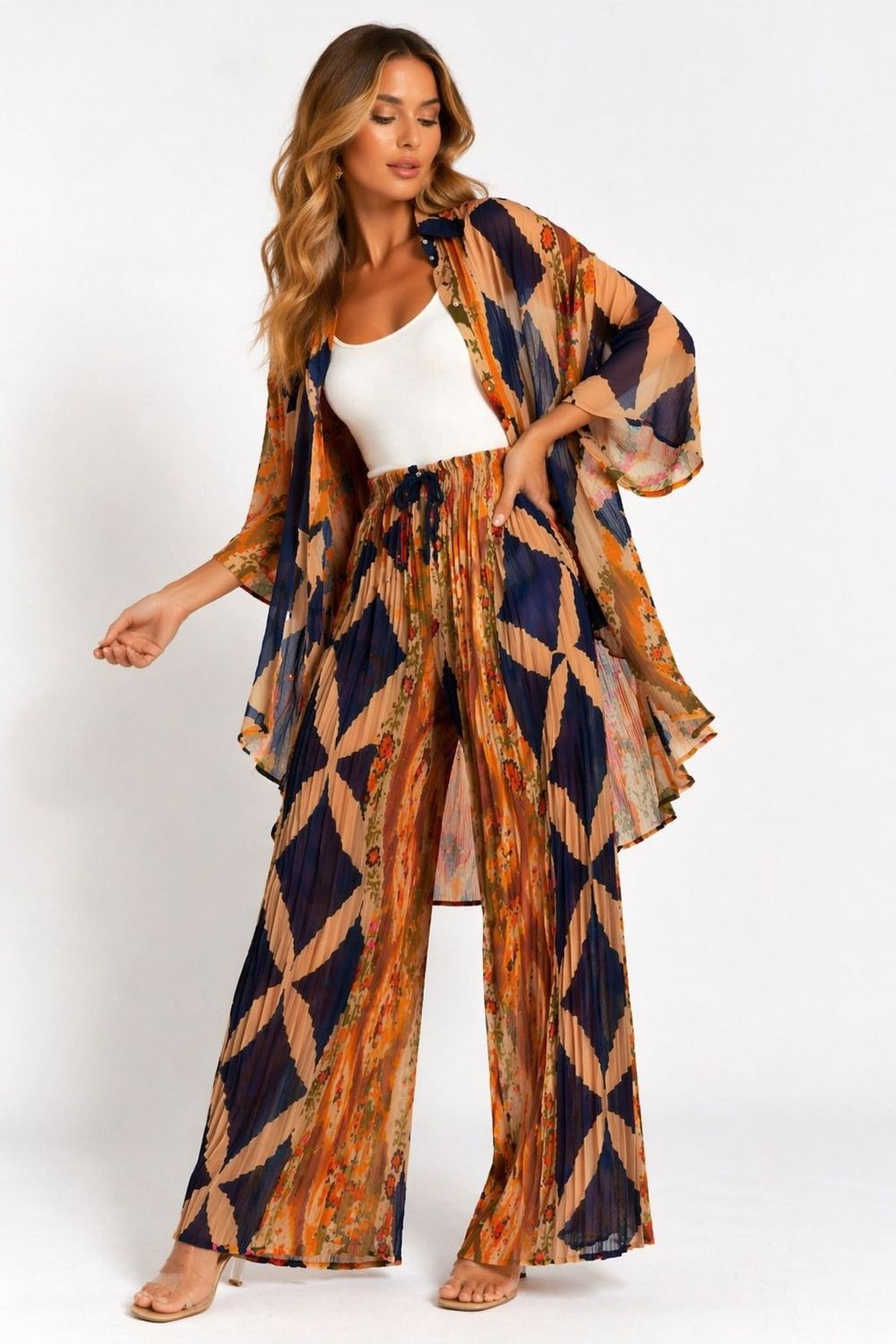 SATIN BOHEMIAN PLEATED PANTS SET