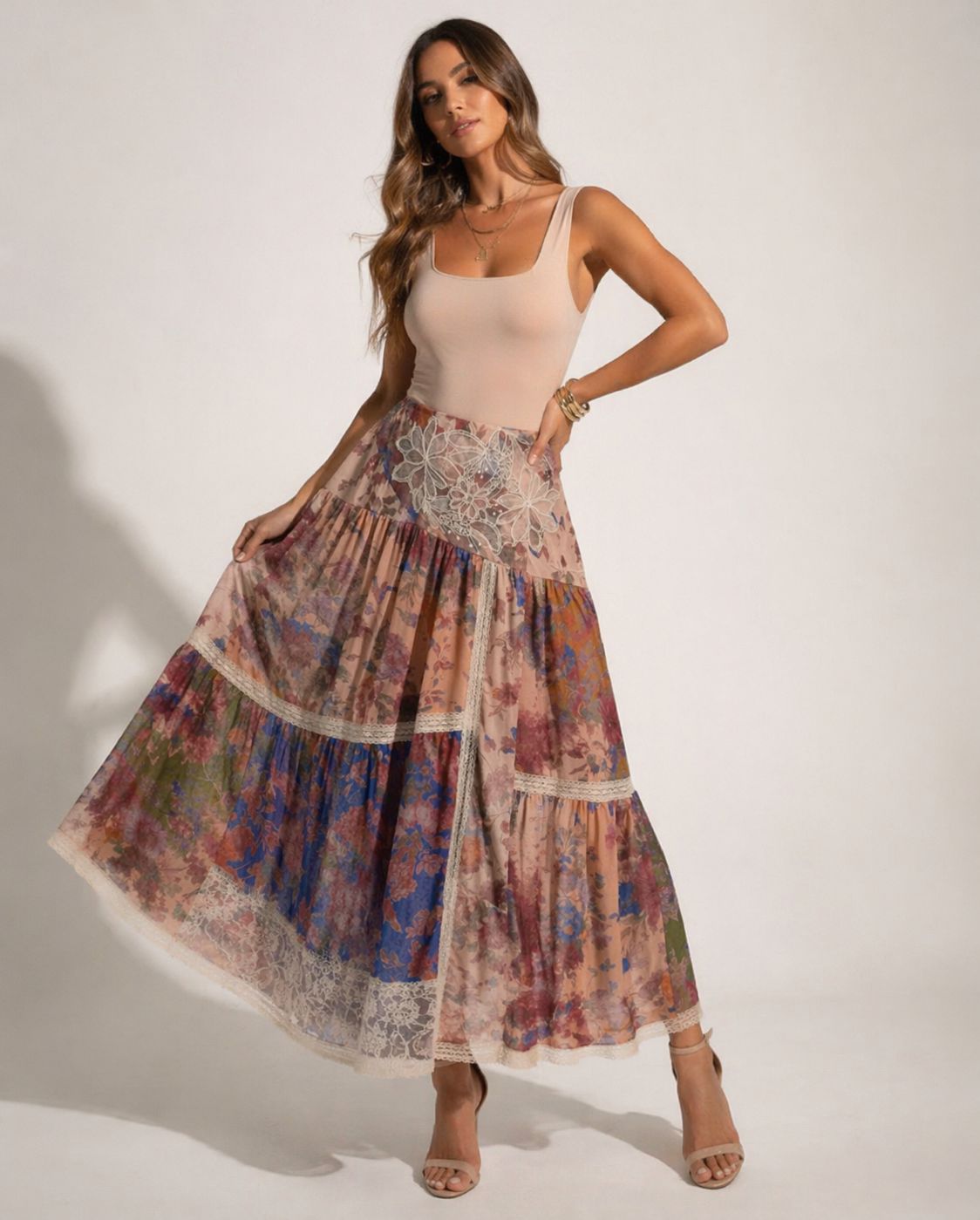 PATCHWORK FLORAL LACE SKIRT