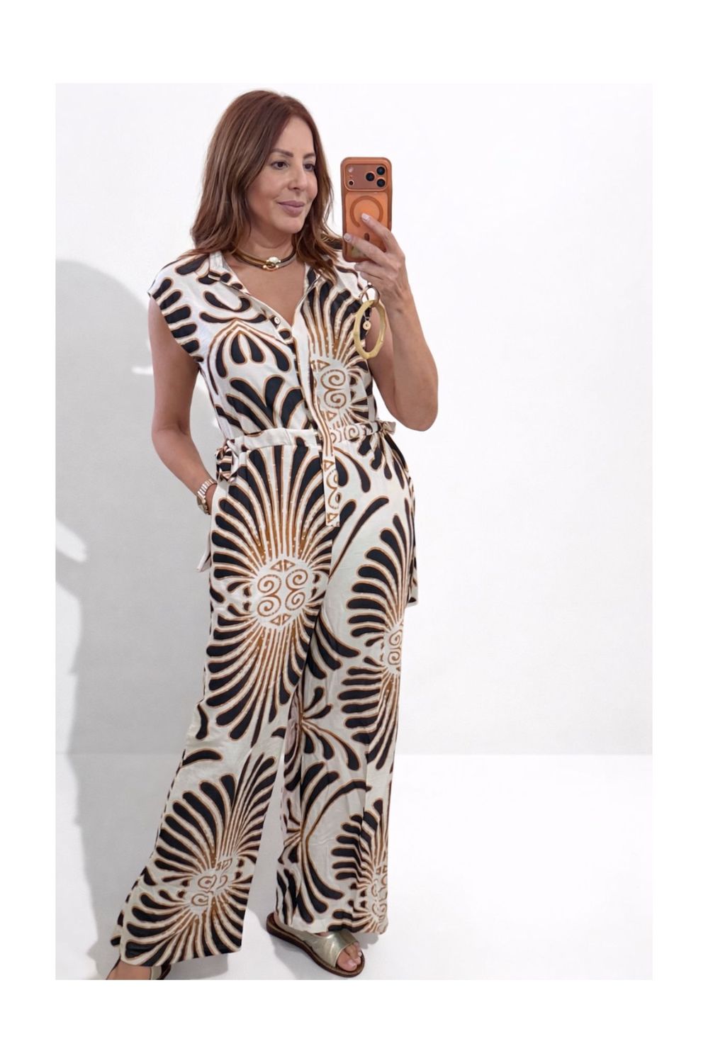 Bold Print Button Down Sleeveless Jumpsuit