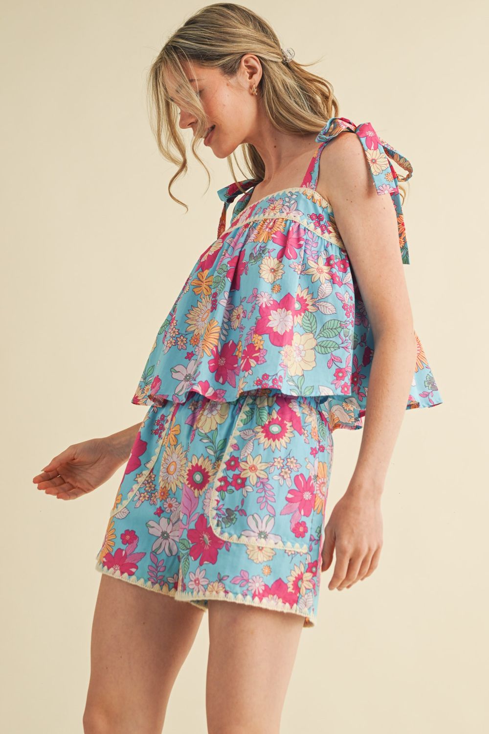 Exclusive Tie Shoulder Babydoll Top And Shorts Set