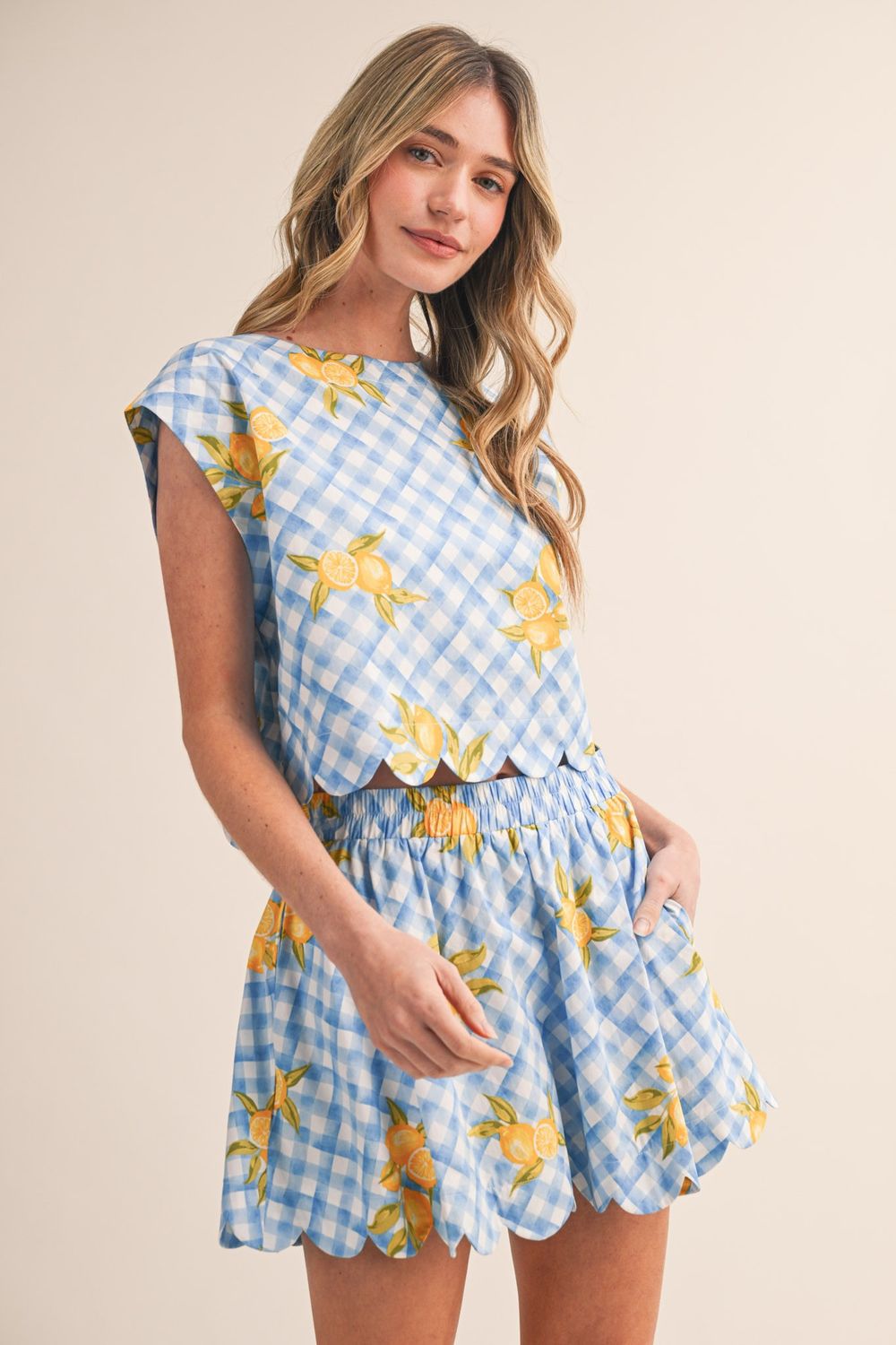 Gingham Lemon Scalloped Top &amp; Mini Skort Set