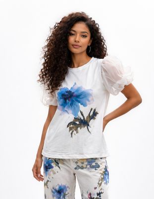 FLOWER PRINT PUFF SLEEVE TOP Blue