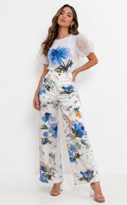 High-waist floral denim pants