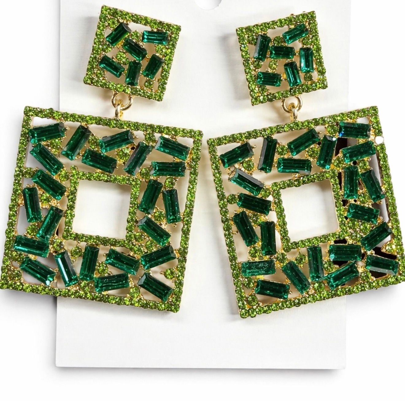square crystals earrings 2" green