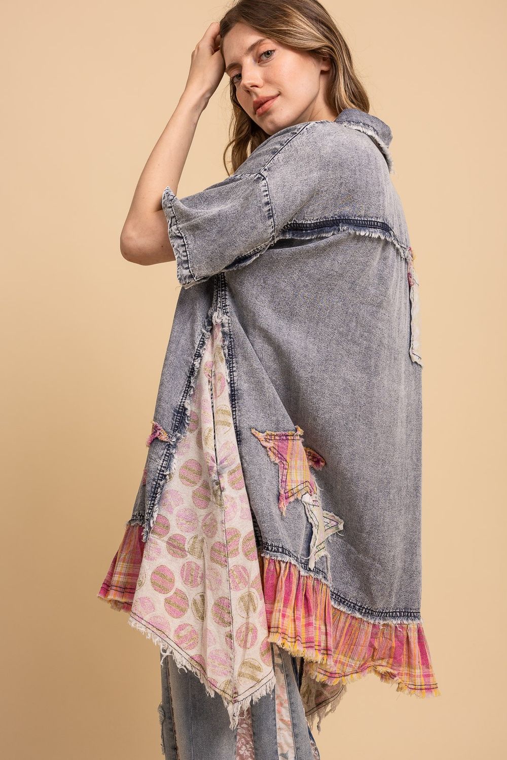 Washed Patchwork Short Sleeve Chambray Tunic