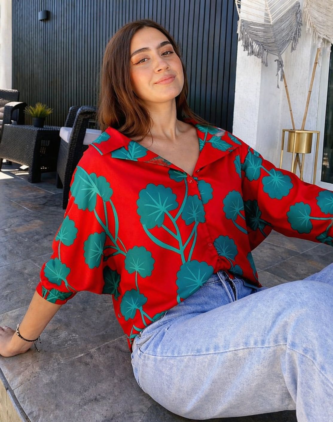 Red Botanical Relaxed Blouse