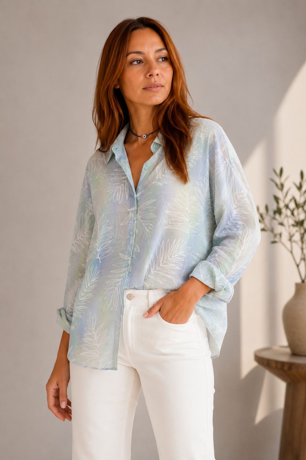 Light Blue Sheer Leaf  Shirt With Translucent Fabric