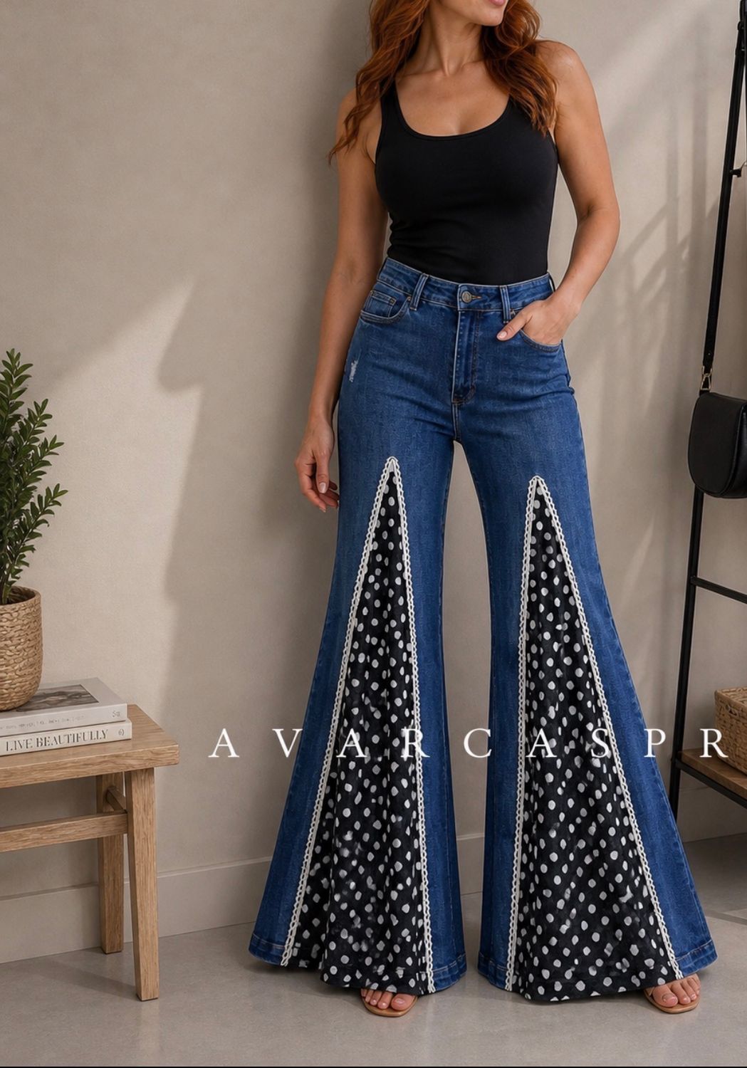 Polk A dots panel Flare stretch jeans