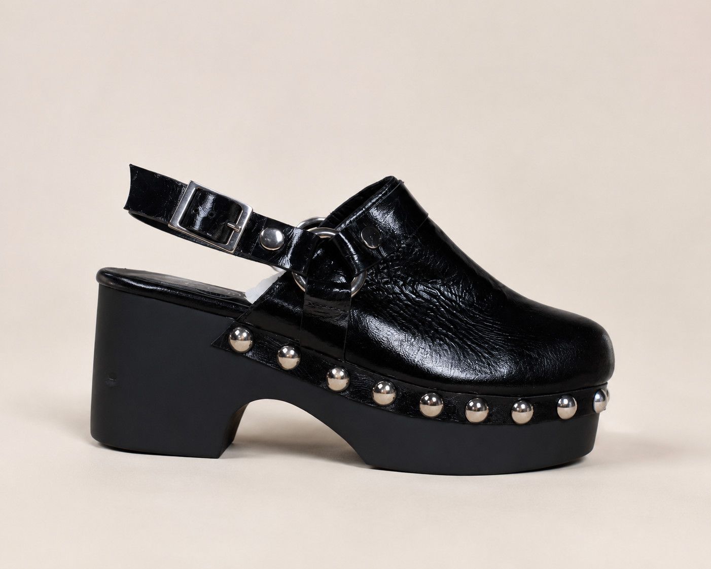 Black Leather Wood Clog 4 soles