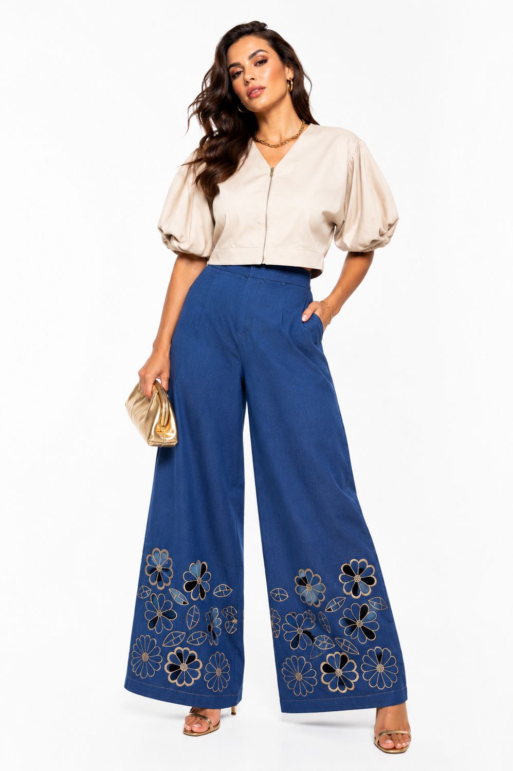 Floral Embroidered Wide Leg Pant Set