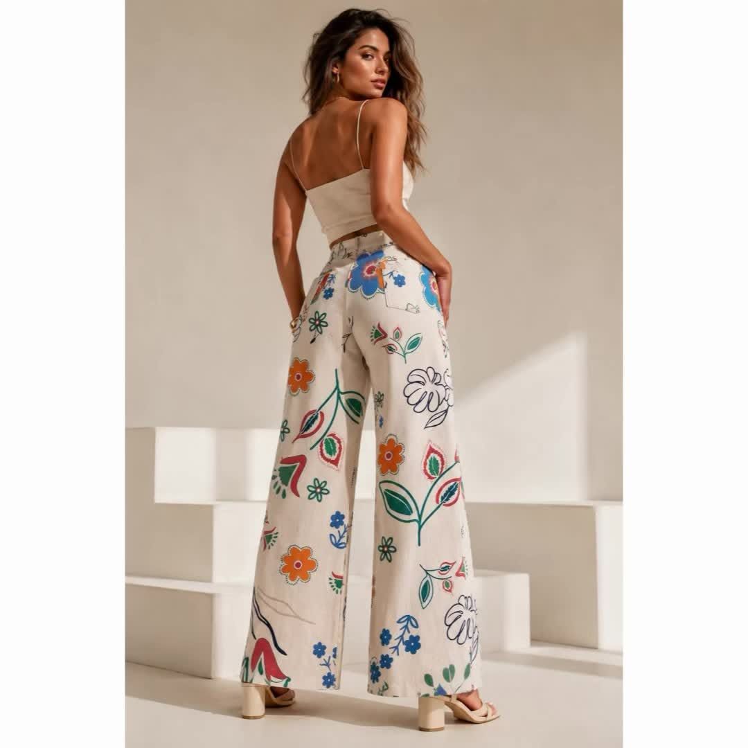 PRINTED WASHED TWILL WIDE PANTS
