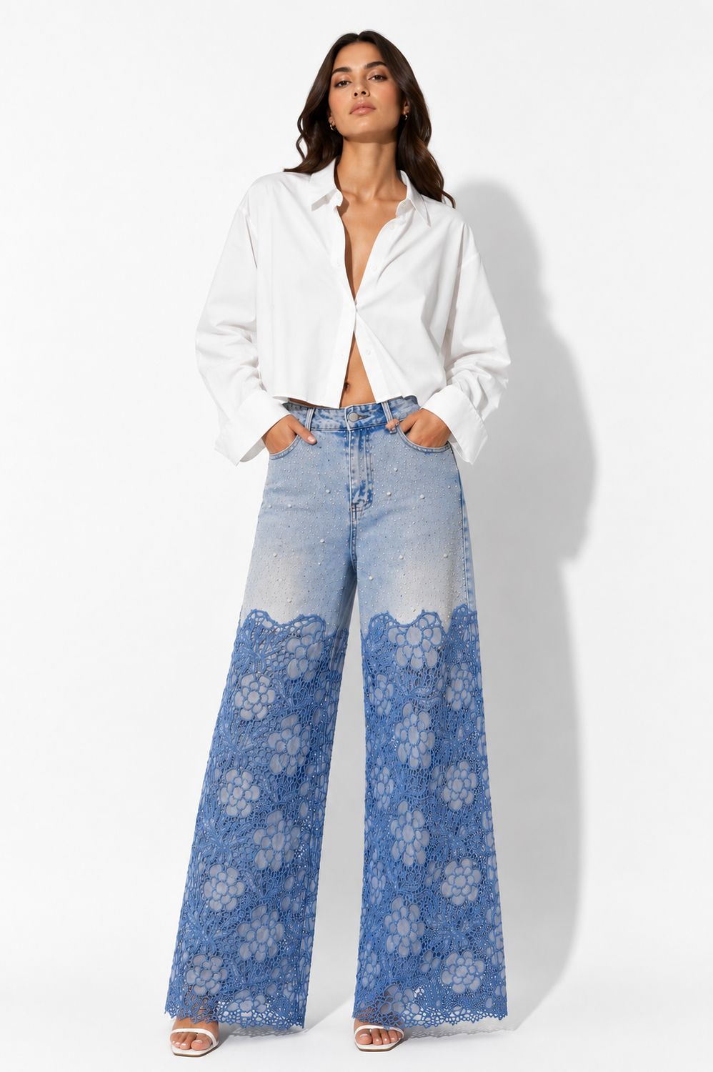 Blue lace denim pant 