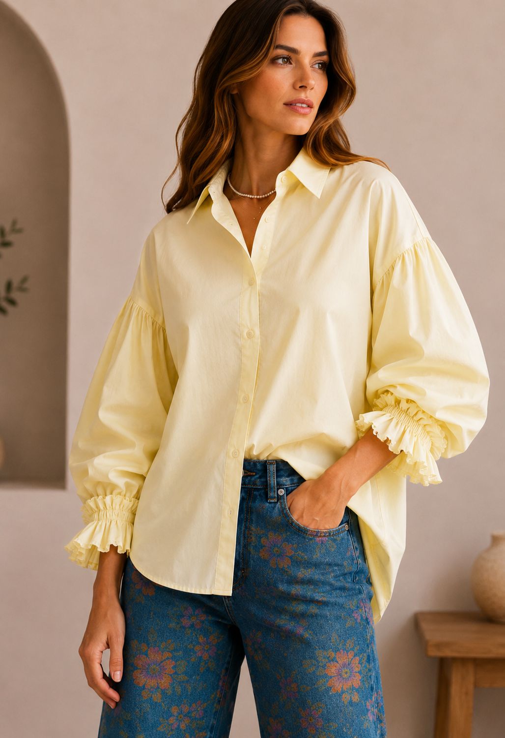 3/4 SLEEVES BUTTON DOWN POPLIN SHIRT Lemon