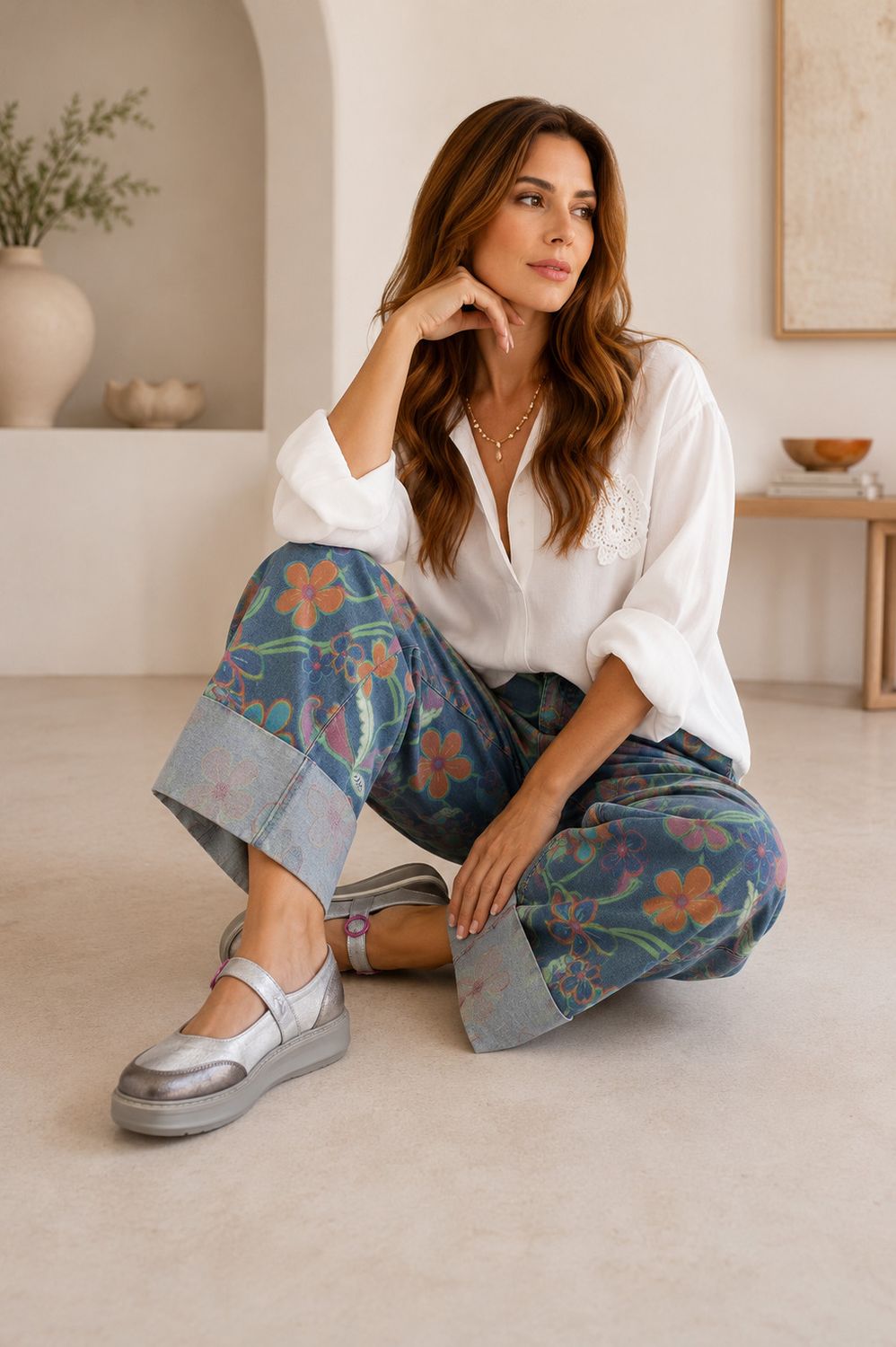 PRINT WASHED STRETCH DENIM PANTS