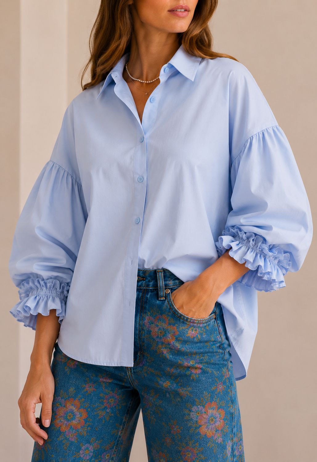 3/4 SLEEVES BUTTON DOWN POPLIN SHIRT Blue