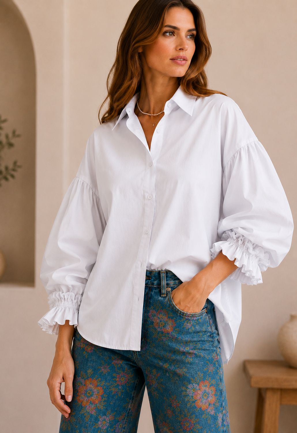 3/4 SLEEVES BUTTON DOWN POPLIN SHIRT white