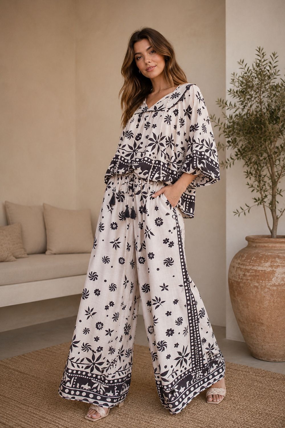 PRINTED RAYON LINEN TOP