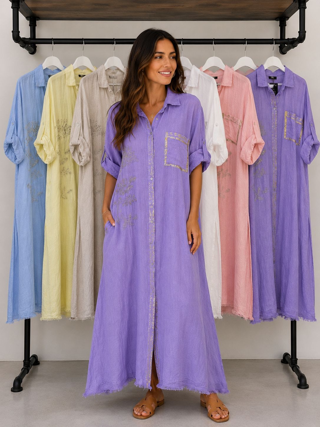 Linen Embroidered Shirt Dress