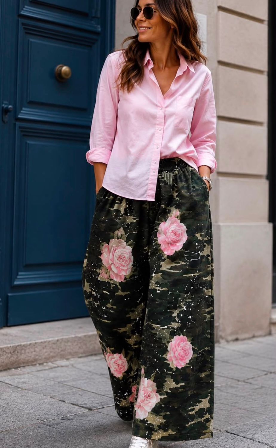 Flower Patchwork Camo Print Wide Leg Pants