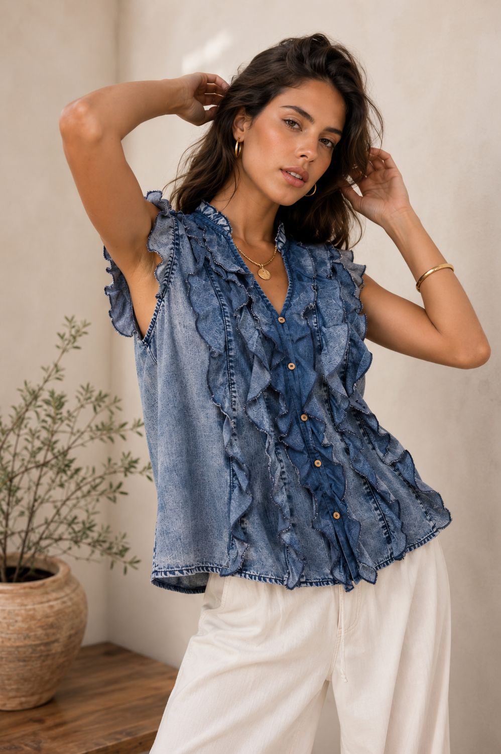 Ruffled Chambray Sleeveless Blouse