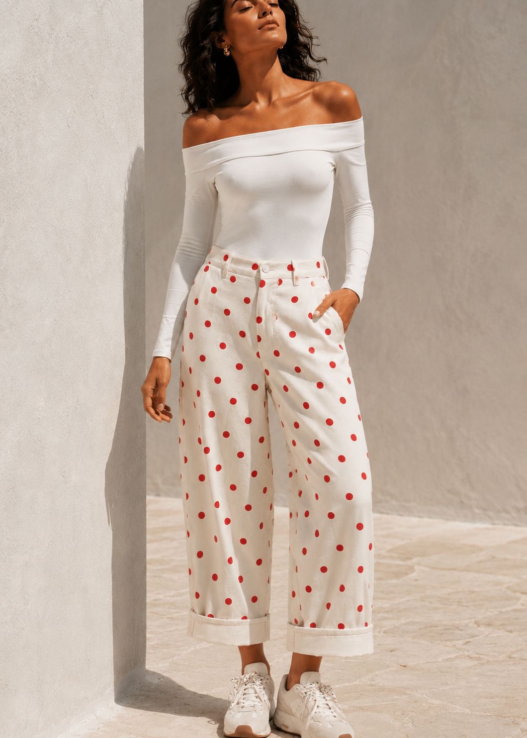 Polkadot wide denim pant red