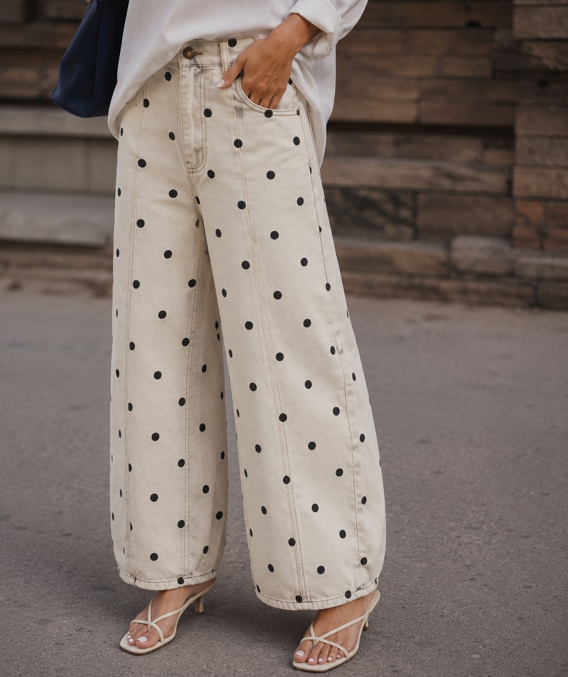 Polkadot wide denim pant black