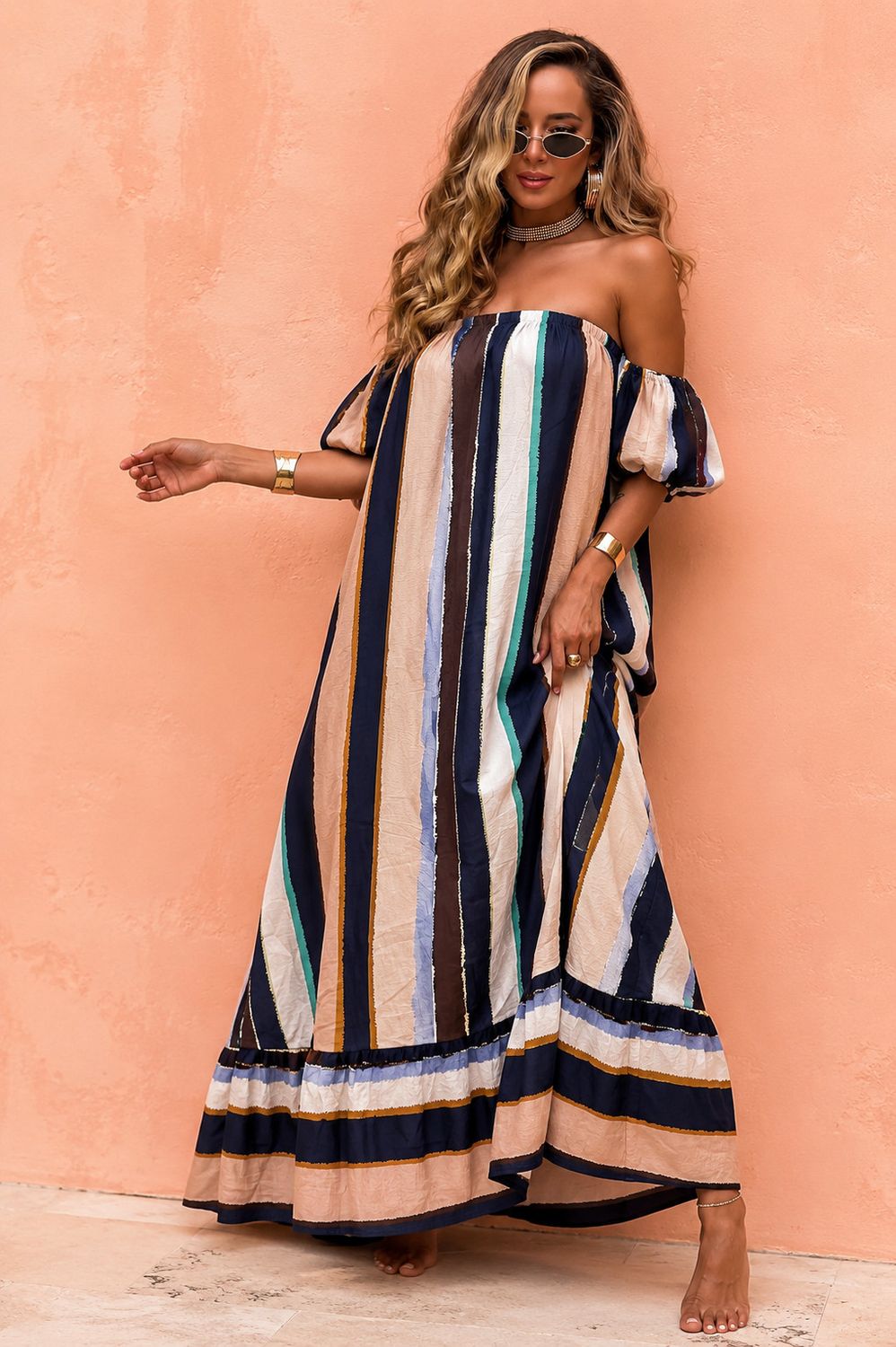 Sunset Stripe Off-Shoulder Maxi Dress, Color: navy