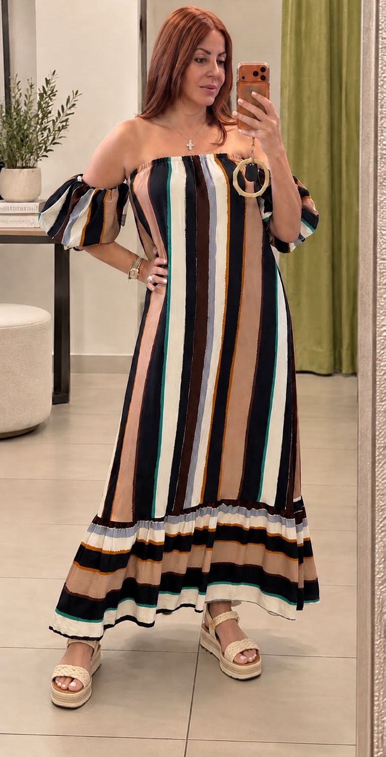 Sunset Stripe Off-Shoulder Maxi Dress