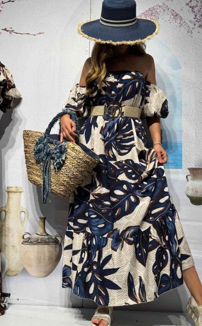 Midnight Palm Off-Shoulder Maxi Dress