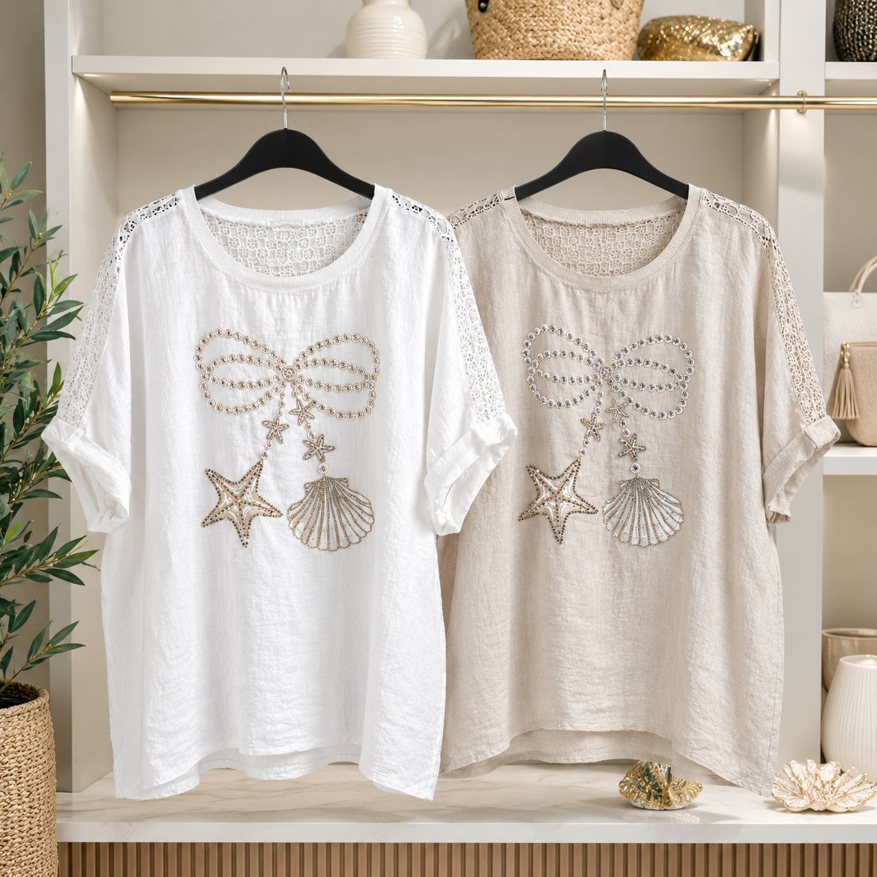 Crystal Seashell Linen Top