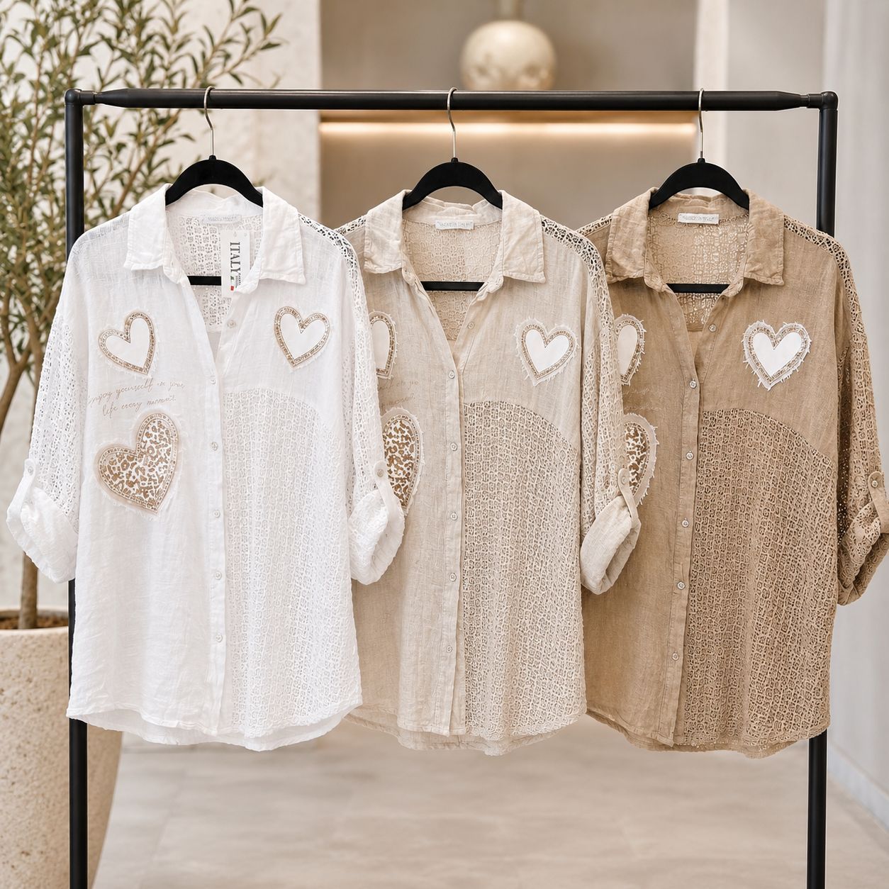 Crystal Heart Crochet Linen Shirt