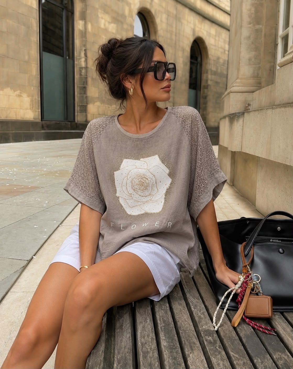 Crystal Flower Crochet Linen Top one size
