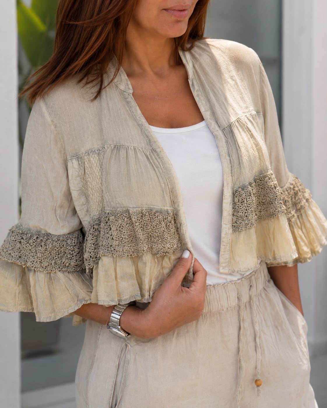 Boho Patchwork Embroid Shrug W Lace Ruffle Trim