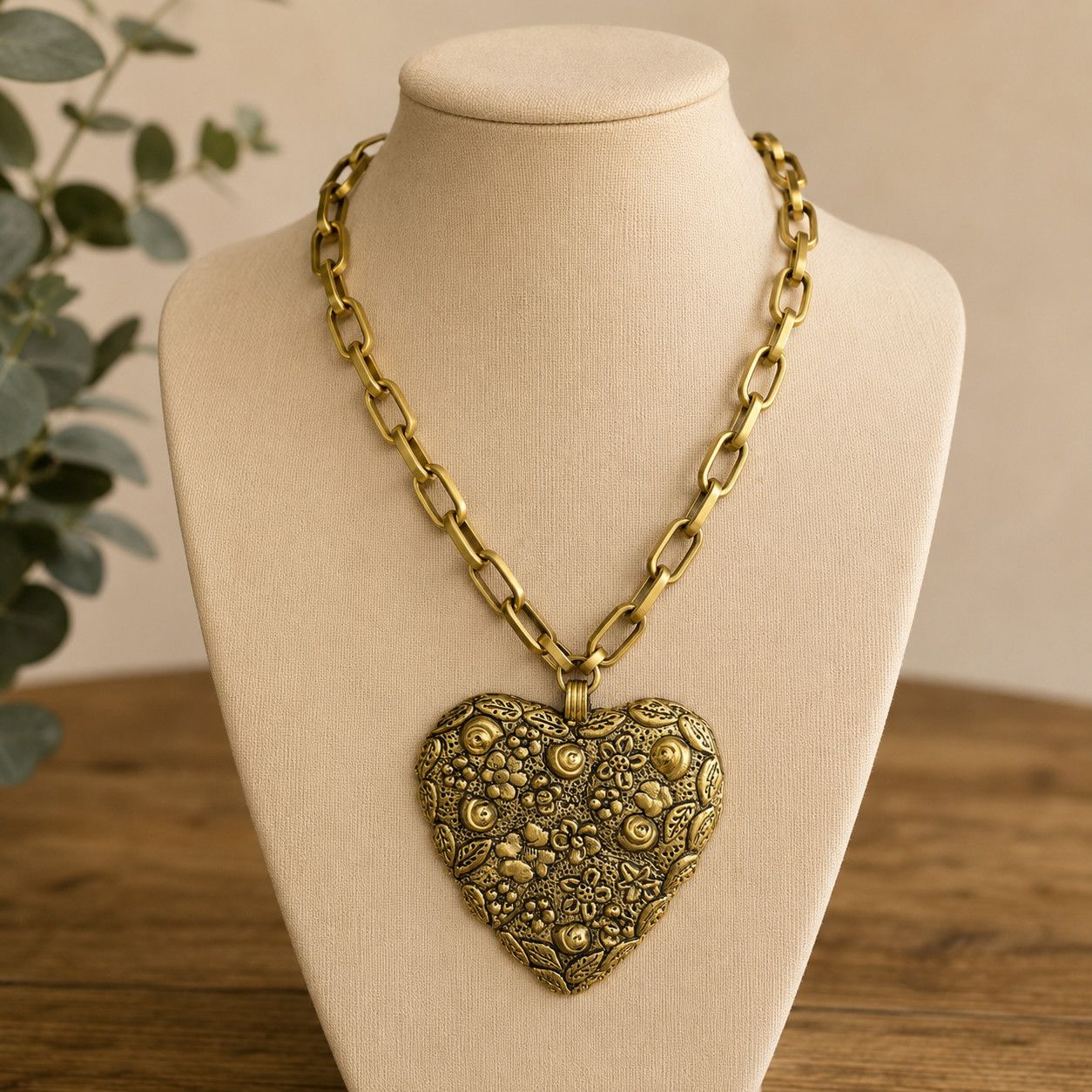 Floral Heart Brass Necklace