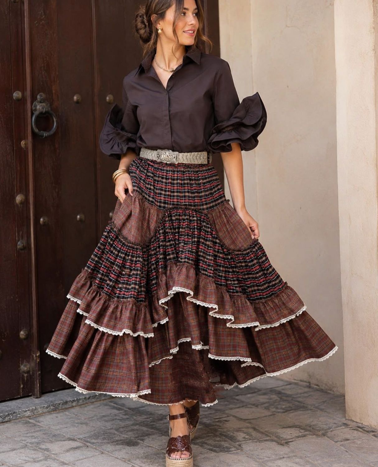 CHECK MIX TIERED MAXI WOVEN SKIRT