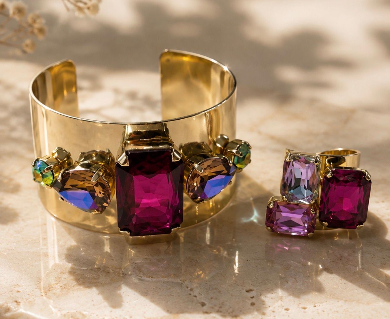 Magenta Emerald-Cut Gold Cuff Bracelet &amp; ring