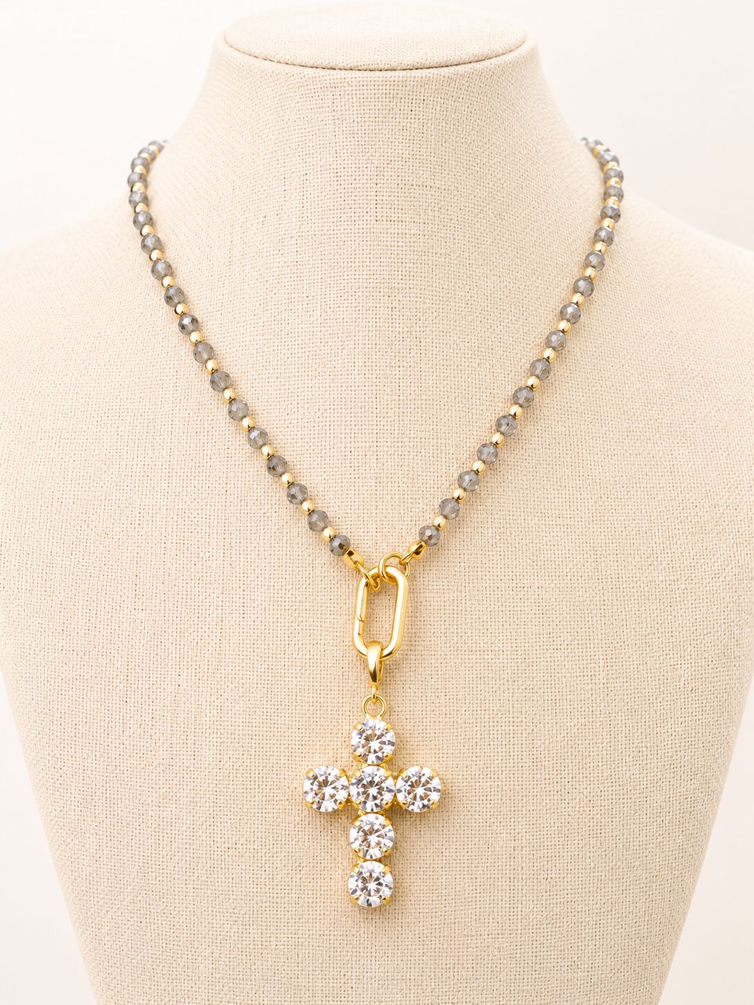 Crystal Cross &amp; Grey Beaded Carabiner Necklace
