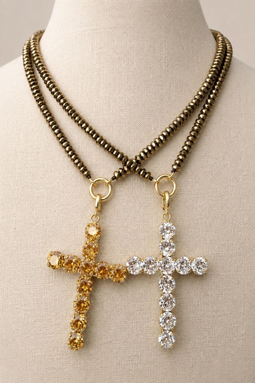 Dual Crystal Cross Beaded Layering Necklaces, Color: Gold