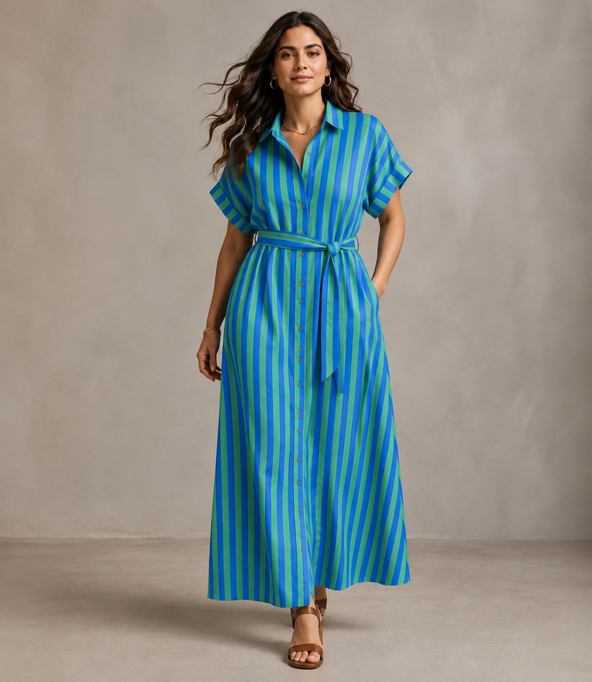 Blue &amp; Green Stripe Cotton Midi Dress