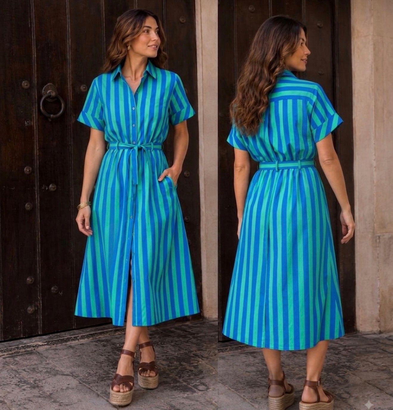 Blue &amp; Green Stripe Cotton Midi Dress