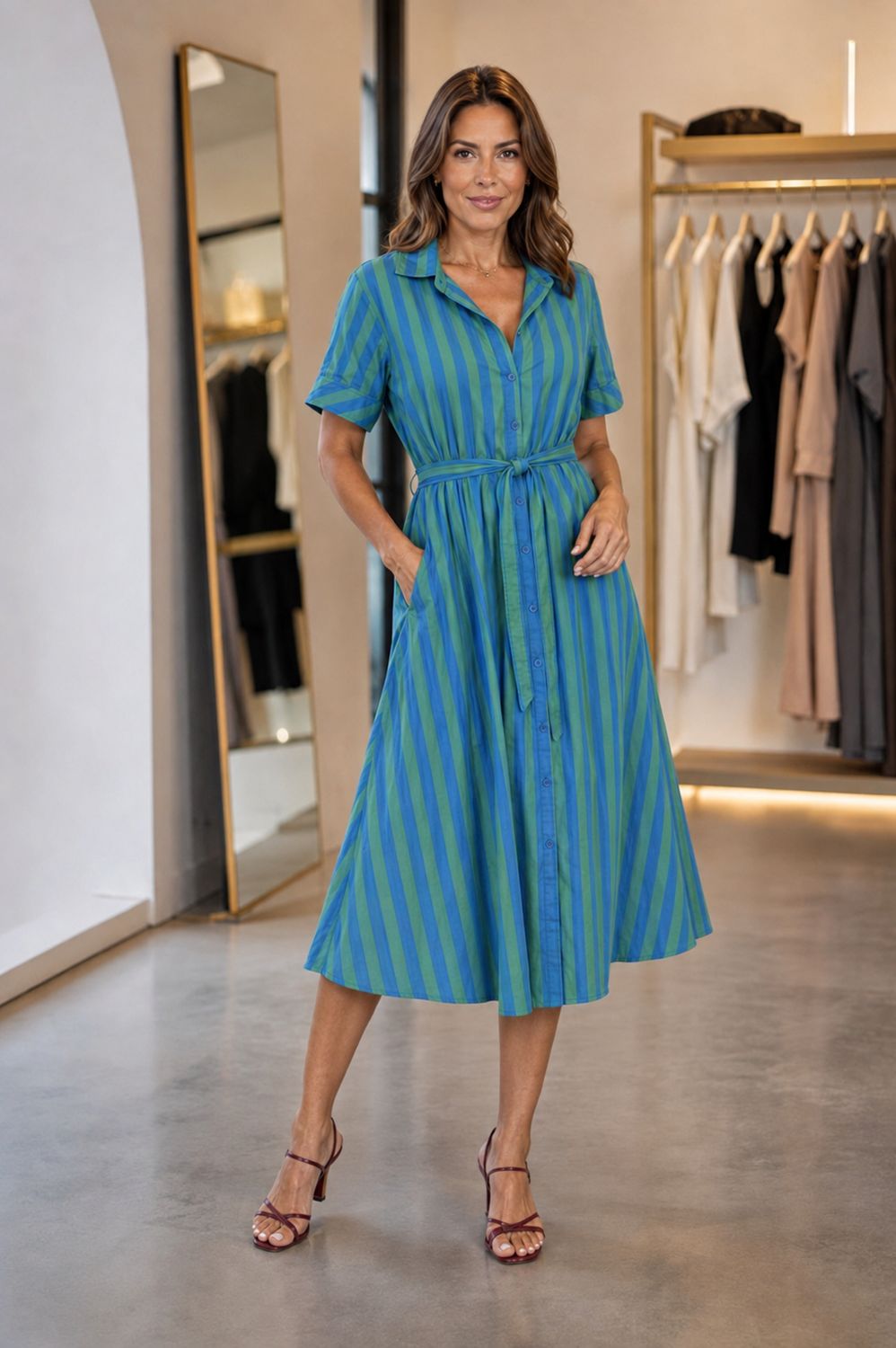 Blue & Green Stripe Cotton Midi Dress Blue & Green Stripe Cotton Midi Dress