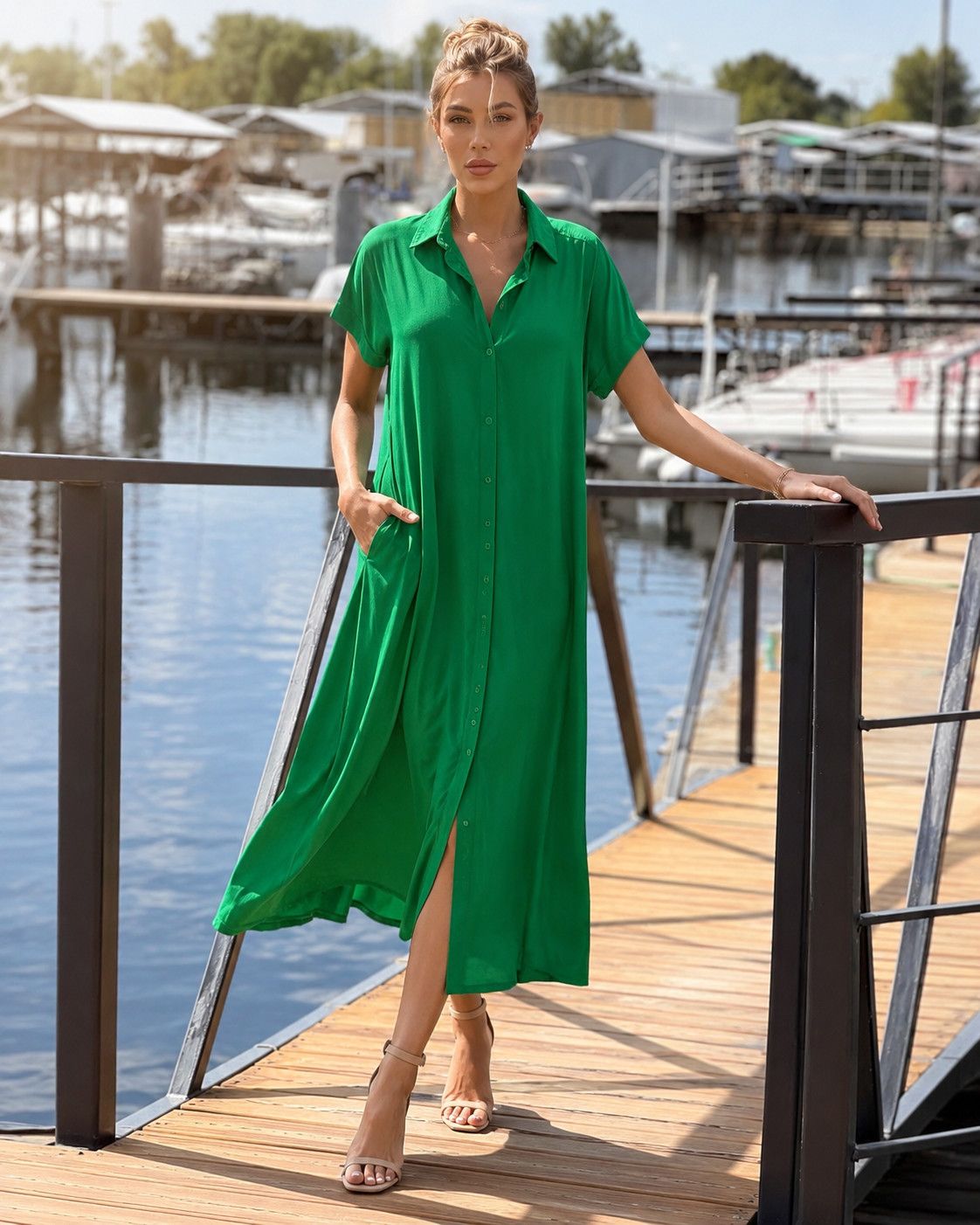 Emerald Green Button-Down Midi Shirt Dress