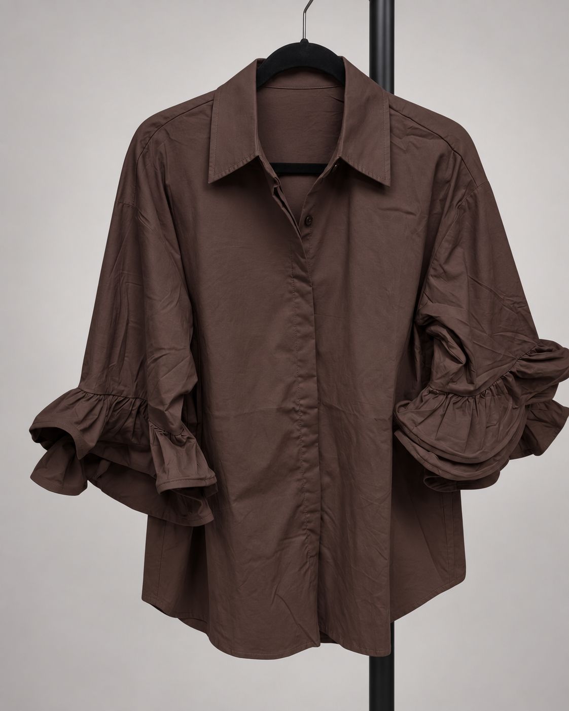 Ruffle Sleeve Cotton Shirt chocolat