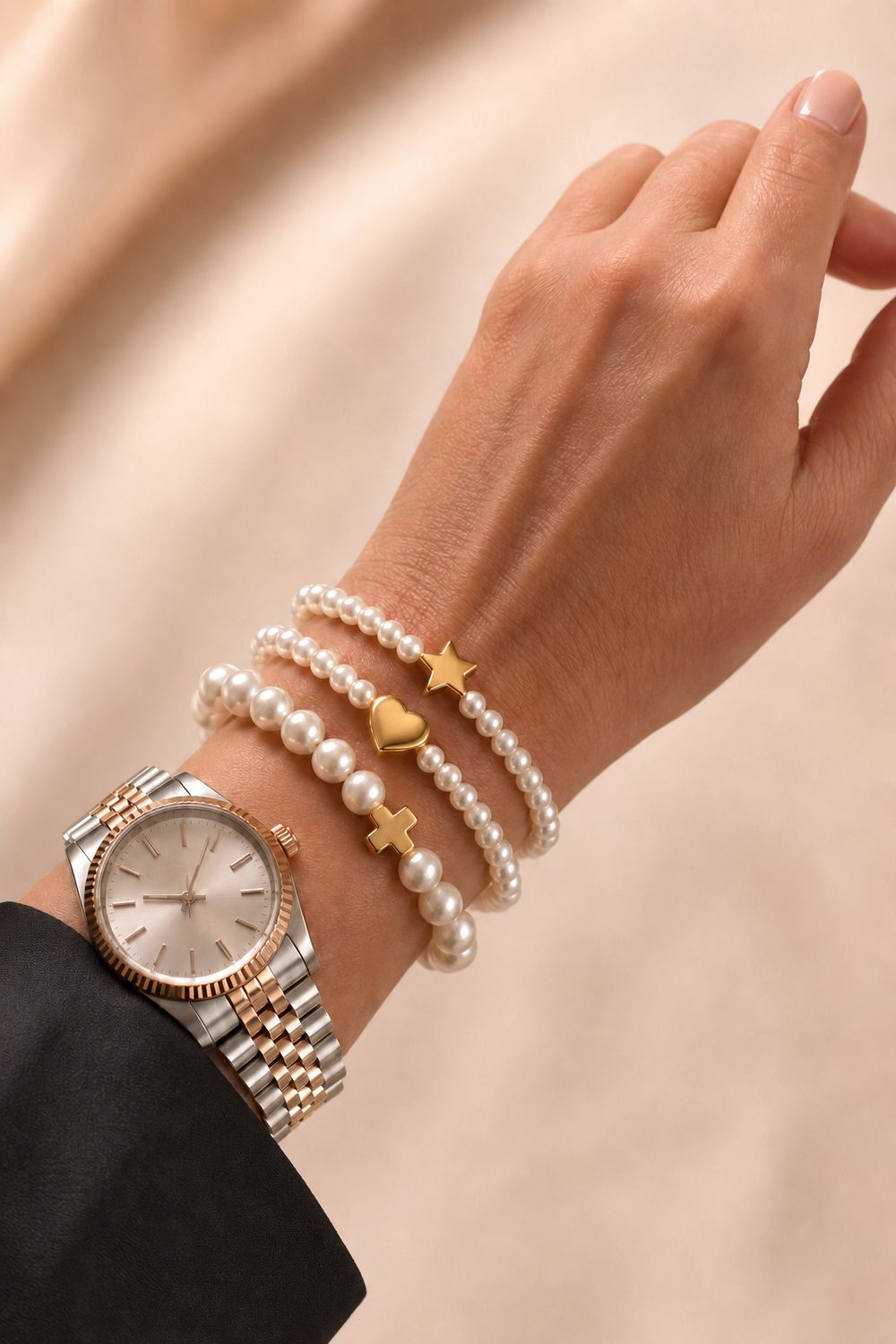 Dainty Pearl Charm Trio - Heart, Star &amp; Cross