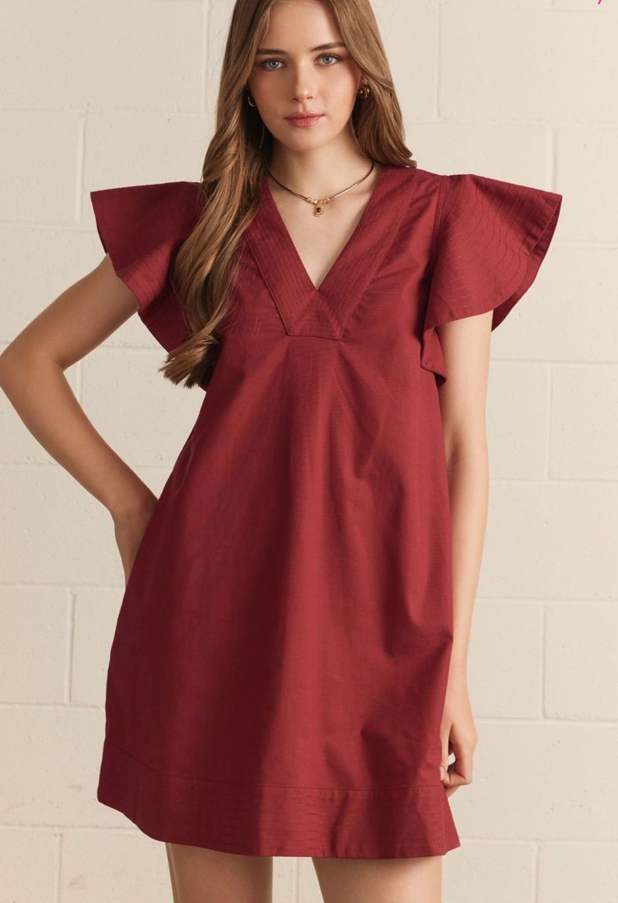 Solid V-neck flutter sleeve mini dress